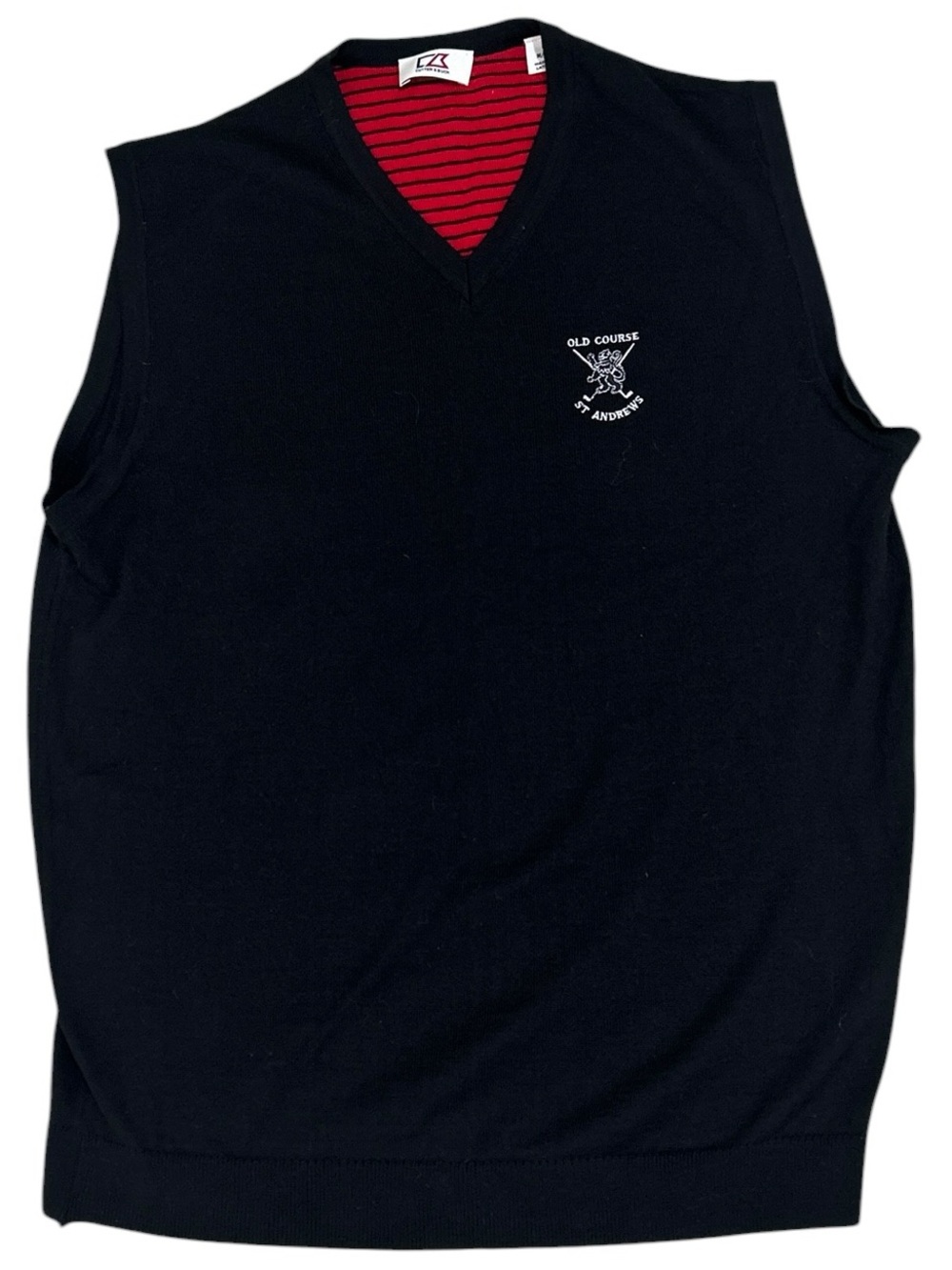 Men's Cutter & Buck black V-Neck Sweater golf Vest Red trim st Andrews medium